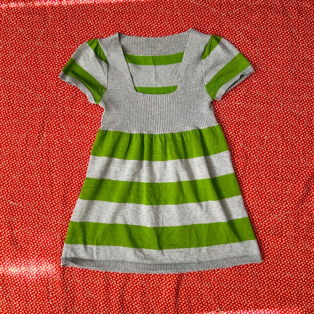 Vintage Green and Grey Striped babydoll style Knit Top Short Sleeve